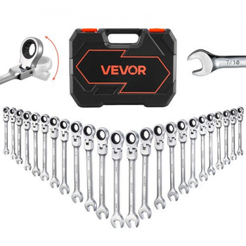 Flex-Head Ratcheting Wrench Set, 24-Piece SAE and Metric, 72 Teeth, Cr-V Steel Ratchet Flexible Combination Wrench Set with Storage Case, for General Household and Automotive Repairs, Silver