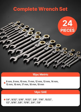 Flex-Head Ratcheting Wrench Set, 24-Piece SAE and Metric, 72 Teeth, Cr-V Steel Ratchet Flexible Combination Wrench Set with Storage Case, for General Household, Automotive Repairs, Gray Nickel