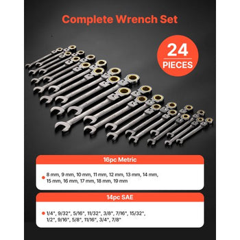 Flex-Head Ratcheting Wrench Set, 24-Piece SAE and Metric, 72 Teeth, Cr-V Steel Ratchet Flexible Combination Wrench Set with Storage Case, for General Household, Automotive Repairs, Gray Nickel