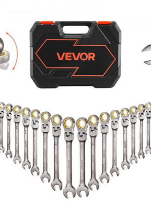 Flex-Head Ratcheting Wrench Set, 24-Piece SAE and Metric, 72 Teeth, Cr-V Steel Ratchet Flexible Combination Wrench Set with Storage Case, for General Household, Automotive Repairs, Gray Nickel