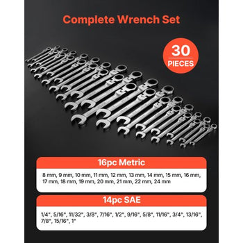 Flex-Head Ratcheting Wrench Set, 30-Piece SAE and Metric, 72 Teeth, Cr-V Steel Ratchet Flexible Combination Wrench Set with Roll Up Pouch, for General Household and Automotive Repairs, Silver