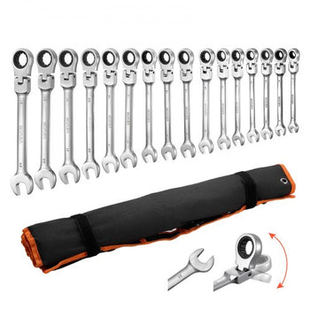 Flex-Head Ratcheting Wrench Set, 30-Piece SAE and Metric, 72 Teeth, Cr-V Steel Ratchet Flexible Combination Wrench Set with Roll Up Pouch, for General Household and Automotive Repairs, Silver