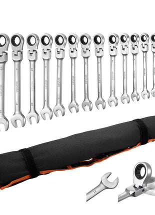Flex-Head Ratcheting Wrench Set, 30-Piece SAE and Metric, 72 Teeth, Cr-V Steel Ratchet Flexible Combination Wrench Set with Roll Up Pouch, for General Household and Automotive Repairs, Silver