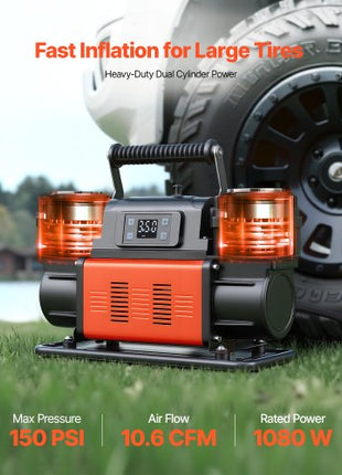 Dual-Cylinder Heavy Duty Air Compressor, 10.6CFM Auto-Stop Portable Tire Inflator, 12V 150PSI Offroad Air Pump with LCD Digital Display & Adapters for Truck Car SUV 4 x 4 Vehicle RV