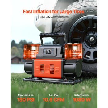 Dual-Cylinder Heavy Duty Air Compressor, 10.6CFM Auto-Stop Portable Tire Inflator, 12V 150PSI Offroad Air Pump with LCD Digital Display & Adapters for Truck Car SUV 4 x 4 Vehicle RV