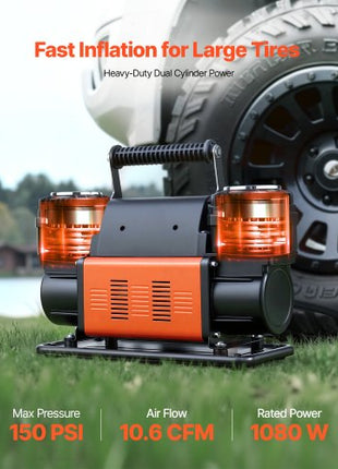 Dual-Cylinder Heavy Duty Air Compressor, 10.6CFM Portable Tire Inflator, 12V 150PSI Offroad Air Pump with Digital Pressure Gauge & Adapters for Truck Car SUV 4 x 4 Vehicle RV