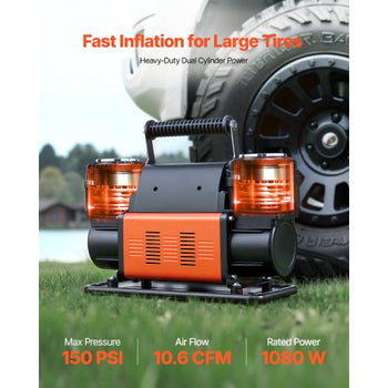 Dual-Cylinder Heavy Duty Air Compressor, 10.6CFM Portable Tire Inflator, 12V 150PSI Offroad Air Pump with Digital Pressure Gauge & Adapters for Truck Car SUV 4 x 4 Vehicle RV