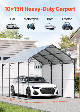 Heavy Duty Metal Carport, 10' x 15' Outdoor Carport with Galvanized Steel Frame & Roof, Car Tent Garage Shade with Removable Sidewalls, Multi-Use Car Shelter for Pickup, Boat, Car & Tractors