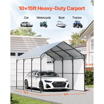 Heavy Duty Metal Carport, 10' x 15' Outdoor Carport with Galvanized Steel Frame & Roof, Car Tent Garage Shade with Removable Sidewalls, Multi-Use Car Shelter for Pickup, Boat, Car & Tractors