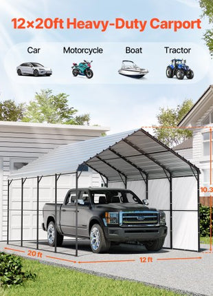 Heavy Duty Metal Carport, 12' x 20' Outdoor Carport with Galvanized Steel Frame & Roof, Car Tent Garage Shade with Removable Sidewalls, Multi-Use Car Shelter for Pickup, Boat, Car & Tractors