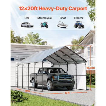 Heavy Duty Metal Carport, 12' x 20' Outdoor Carport with Galvanized Steel Frame & Roof, Car Tent Garage Shade with Removable Sidewalls, Multi-Use Car Shelter for Pickup, Boat, Car & Tractors