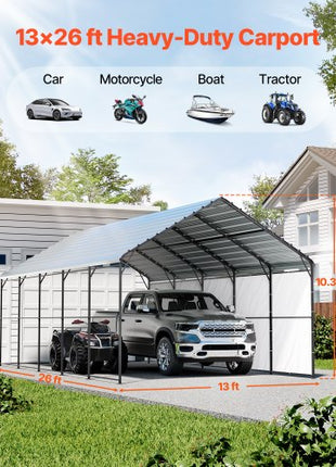 Heavy Duty Metal Carport, 13' x 26' Outdoor Carport with Galvanized Steel Frame & Roof, Car Tent Garage Shade with Removable Sidewalls, Multi-Use Car Shelter for Pickup, Boat, Car & Tractors
