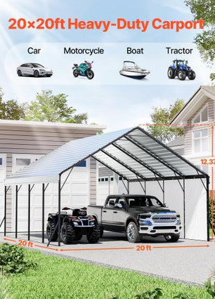 Heavy Duty Metal Carport, 20 x 20 ft Outdoor Carport with Sturdy Frame & Roof, Car Garage Shade with Removable Sidewalls, Multi-Use Car Shelter for Pickup, Boat, Trucks & Tractors
