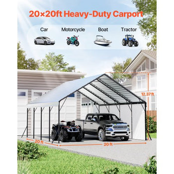 Heavy Duty Metal Carport, 20 x 20 ft Outdoor Carport with Sturdy Frame & Roof, Car Garage Shade with Removable Sidewalls, Multi-Use Car Shelter for Pickup, Boat, Trucks & Tractors