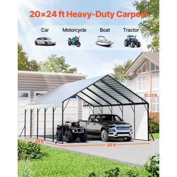 Heavy Duty Metal Carport, 20 x 24 ft Outdoor Carport with Sturdy Frame & Roof, Car Garage Shade with Removable Sidewalls, Multi-Use Car Shelter for Pickup, Boat, Trucks & Tractors