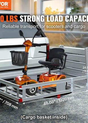 Hitch Mount Cargo Carrier, 48.03" x 27.87" Aluminum Hitch Cargo Rack with Folding Ramp, Hitch Rack Basket with Stabilizer and Straps, 500LBS Mobility Scooter Carrier Fit 2" Hitch Receiver
