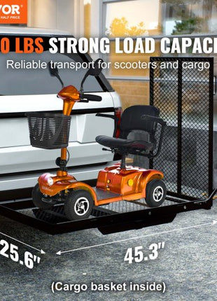 Hitch Mount Cargo Carrier, 45.3" x 25.6" Iron Hitch Cargo Rack with Folding Ramp, Hitch Rack Basket with Stabilizer and Straps, 500LBS Mobility Scooter Carrier Fit 2" Hitch Receiver
