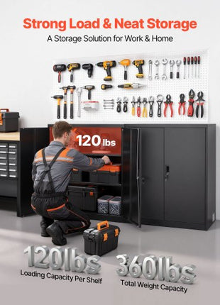 Metal Storage Cabinet, 41.7 in Steel Garage Cabinet with 2 Adjustable Shelves, 2 Magnetic Doors & 2 Keys, 3 Tiers Lockable Tool Storage for Pantry, Warehouse, Basement, Office, Black