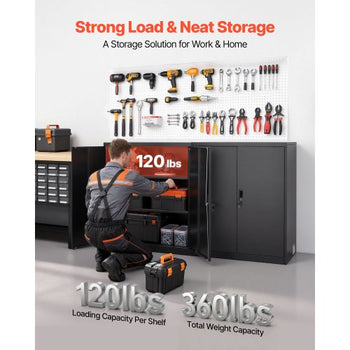 Metal Storage Cabinet, 41.7 in Steel Garage Cabinet with 2 Adjustable Shelves, 2 Magnetic Doors & 2 Keys, 3 Tiers Lockable Tool Storage for Pantry, Warehouse, Basement, Office, Black