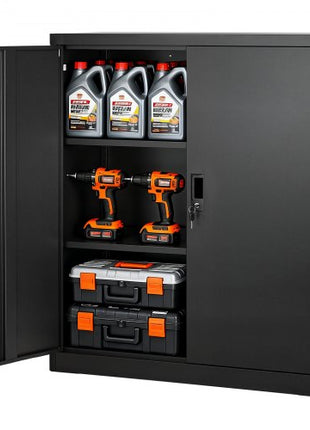 Metal Storage Cabinet, 41.7 in Steel Garage Cabinet with 2 Adjustable Shelves, 2 Magnetic Doors & 2 Keys, 3 Tiers Lockable Tool Storage for Pantry, Warehouse, Basement, Office, Black