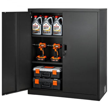Metal Storage Cabinet, 41.7 in Steel Garage Cabinet with 2 Adjustable Shelves, 2 Magnetic Doors & 2 Keys, 3 Tiers Lockable Tool Storage for Pantry, Warehouse, Basement, Office, Black