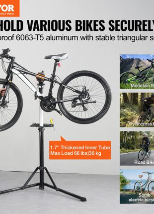 Bike Repair Stand, 66 lbs Heavy-duty Aluminum Bicycle Repair Stand, Adjustable Height Bike Maintenance Workstand with Magnetic Tool Tray Telescopic Arm, Foldable Bike Work Stand for Home, Shops