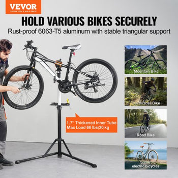 Bike Repair Stand, 66 lbs Heavy-duty Aluminum Bicycle Repair Stand, Adjustable Height Bike Maintenance Workstand with Magnetic Tool Tray Telescopic Arm, Foldable Bike Work Stand for Home, Shops