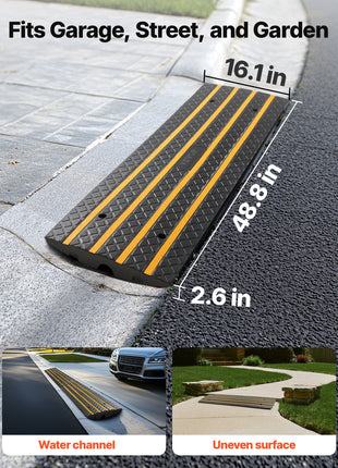 Car Driveway Rubber Curb Ramp, 33069 lbs Load Capacity, 2.6 inch Rise Curbside Bridge Ramp with Yellow Reflective Strips, Suitable for Loading Dock, Warehouse, Garage, Sidewalk (1 Pack)
