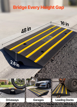 Black rubber height ramp with yellow edge stripes, 48" x 16", ideal for driveways, garages, and loading docks.