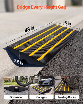 Black rubber height ramp with yellow edge stripes, 48" x 16", ideal for driveways, garages, and loading docks.