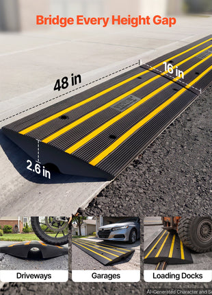Black rubber height gap ramp with yellow stripes, 48" long, ideal for driveways, garages, and loading docks.