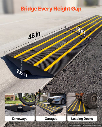 Black rubber height gap ramp with yellow stripes, 48" long, ideal for driveways, garages, and loading docks.