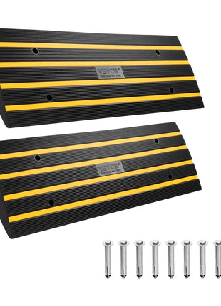Black rubber wheel chocks with yellow stripes, includes six steel mounting bolts for secure use in parking.