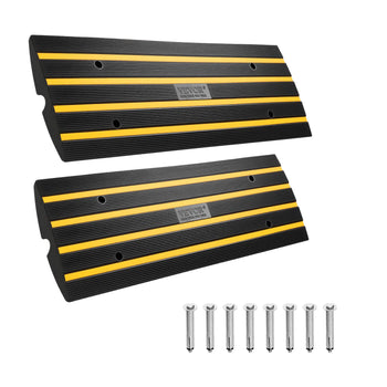 Black rubber wheel chocks with yellow stripes, includes six steel mounting bolts for secure use in parking.