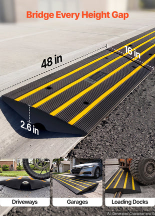 Black rubber height gap bridge, 48"x16"x2.6", features yellow reflective stripes, ideal for driveways, garages, and loading docks.