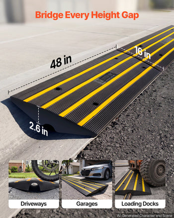 Black rubber height gap bridge, 48"x16"x2.6", features yellow reflective stripes, ideal for driveways, garages, and loading docks.