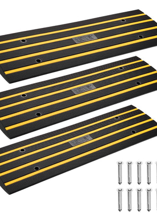 Black rubber curb ramps with yellow stripes, heavy-duty design, ideal for vehicles, with included mounting screws.