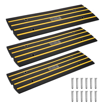 Black rubber curb ramps with yellow stripes, heavy-duty design, ideal for vehicles, with included mounting screws.