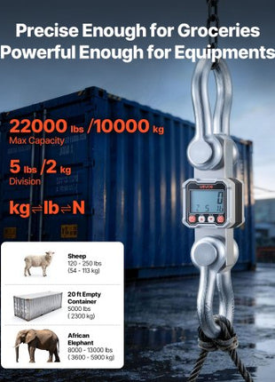 Digital Crane Scale, 22000 lbs/10 T Max Capacity, Heavy Duty Industrial Hanging Scale with Cast Aluminum Case & LCD Display, 5 lbs Division & 3 Unit Switch, Remote Control for Garage Factory