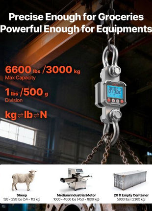 Digital Crane Scale, 6600 lbs/3000 kg Max Capacity, Heavy Duty Industrial Hanging Scale with Cast Aluminum Case & LCD Display, 1 lbs Division & 3 Unit Switch, Remote Control for Garage Factory