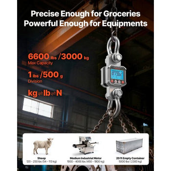 Digital Crane Scale, 6600 lbs/3000 kg Max Capacity, Heavy Duty Industrial Hanging Scale with Cast Aluminum Case & LCD Display, 1 lbs Division & 3 Unit Switch, Remote Control for Garage Factory