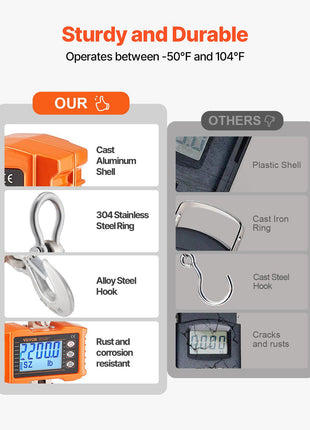 Digital Crane Scale, 2200 lbs/1000 kg, Industrial Heavy Duty Hanging Scale with Remote Control, Cast Aluminum Case & LCD Screen, High Precision for Construction, Factory, Farm, Hunting (Orange)