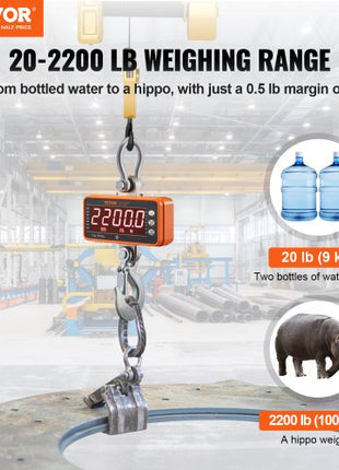 Digital Crane Scale, 2200 lbs/1000 kg, Industrial Heavy Duty Hanging Scale with Remote Control, Cast Aluminum Case & LED Screen, High Precision for Construction, Factory, Farm, Hunting (Orange)