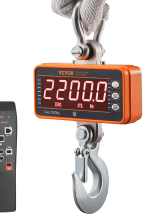 VEVOR digital crane scale in orange, 2200 lb capacity, featuring a remote control and metal hook for heavy lifting.
