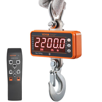 VEVOR digital crane scale in orange, 2200 lb capacity, featuring a remote control and metal hook for heavy lifting.