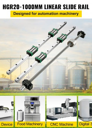 Linear Guide Rail, 2PCS HGR20-1000mm Linear Slide Rail + 1Pcs RM1605-1000mm Ballscrew with BF12/BK12 Kit, Coupling, Slide Blocks Linear Guide Rail Set for DIY CNC Routers Lathes Mills