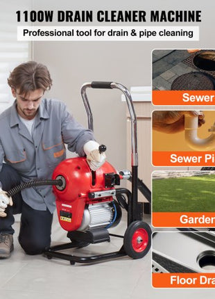 Drain Cleaner Machine 120FT x 6/5 Inch, 1100W Electric Sewer Snake Auger Manual Feed - with 6 Cutters and CW/CCW Control for 4" to 8" Pipes