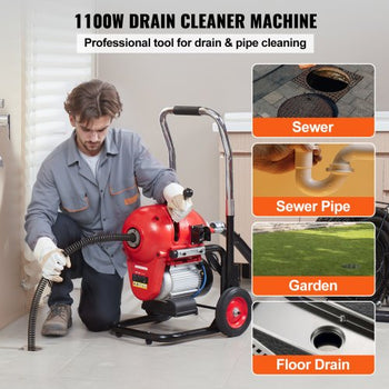 Drain Cleaner Machine 120FT x 6/5 Inch, 1100W Electric Sewer Snake Auger Manual Feed - with 6 Cutters and CW/CCW Control for 4" to 8" Pipes