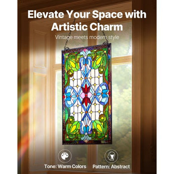 Stained Glass Window Panel, 17 x 29 in, Tiffany Style Hanging Transom Window Panel with Chain, Large Vertical Rectangle Stain Glass, Vintage Traditional Art Handcrafts for Kitchen Home Decor