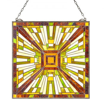 Stained Glass Window Panel, 20 x 21 in, Tiffany Style Hanging Transom Window Panel with Chain, Large Vertical Rectangle Stain Glass, Vintage Traditional Art Handcrafts for Kitchen Home Decor